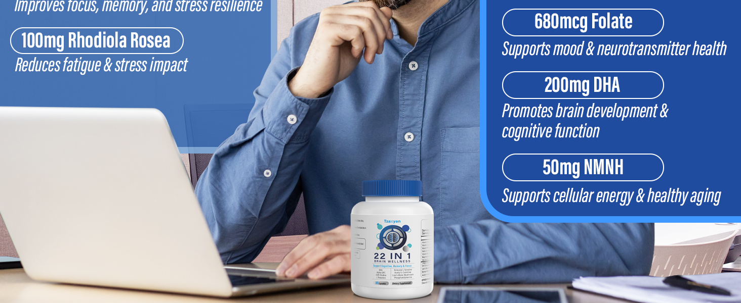 Brain Supplements for Memory and Focus, Clarity & Cognitive Improvement, 300mg Alpha GPC, CDP-Choline, DHA, Lion’s Mane, L-Theanine, Vitamin B6 B12 & Phosphatidylserine for Men & Women, 90 Capsules memory