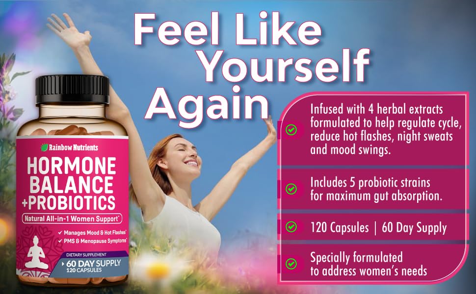 Hormone Balance + Probiotics for Women- Natural Menopause Relief, Weight Management, Bloating, Hot Flashes, PMS | Organic Maca, Chasteberry, Dong Quai & Black Cohosh | Non GMO |120 V Capsules image 1
