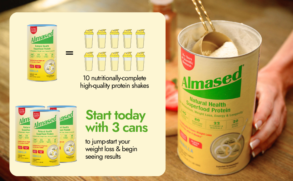 Almased Vanilla Meal Replacement Shake - Low-Glycemic High Plant Base Protein Powder- Nutritional Weight Health Support Supplement - Vanilla Flavor - 17.6 oz (1.1 Pound (1 Pack)) Almased cans and serving sizes