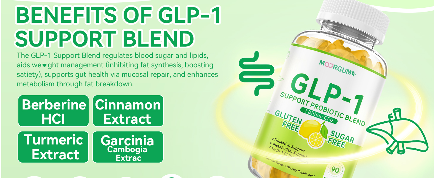GLP-1 Support Probiotic Blend Gummies 90 Count, with Berberine, Cinnamon, Zinc, Inulin, 1 Billion CFU, 5 Probiotic Strains-1500mg Glp1 Support Blend Supplements, Gut Health, Digestive Wellness, Lemon glp 1 supplement