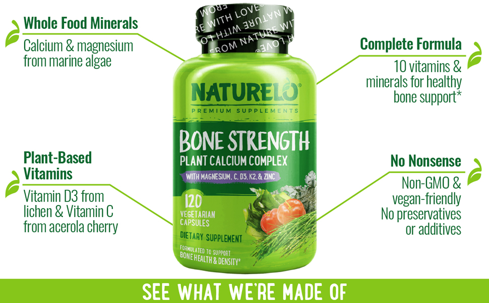 NATURELO Calcium Supplement with Vitamin C, D3, K2, Magnesium & Zinc for Bone Strength, 120 Vegetarian Capsules, with Plant-Based Calcium 600mg, Non-GMO, Soy & Gluten-Free Naturelo, Bone Strength, whole food, multivitamin, Calcium, Vitamin D3, Magnesium, Vitamin C, Zinc