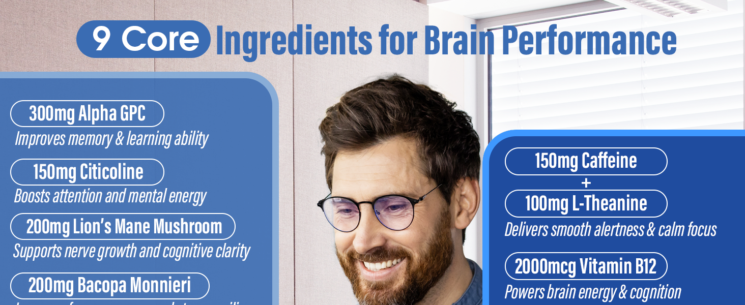 Brain Supplements for Memory and Focus, Clarity & Cognitive Improvement, 300mg Alpha GPC, CDP-Choline, DHA, Lion’s Mane, L-Theanine, Vitamin B6 B12 & Phosphatidylserine for Men & Women, 90 Capsules focus supplement