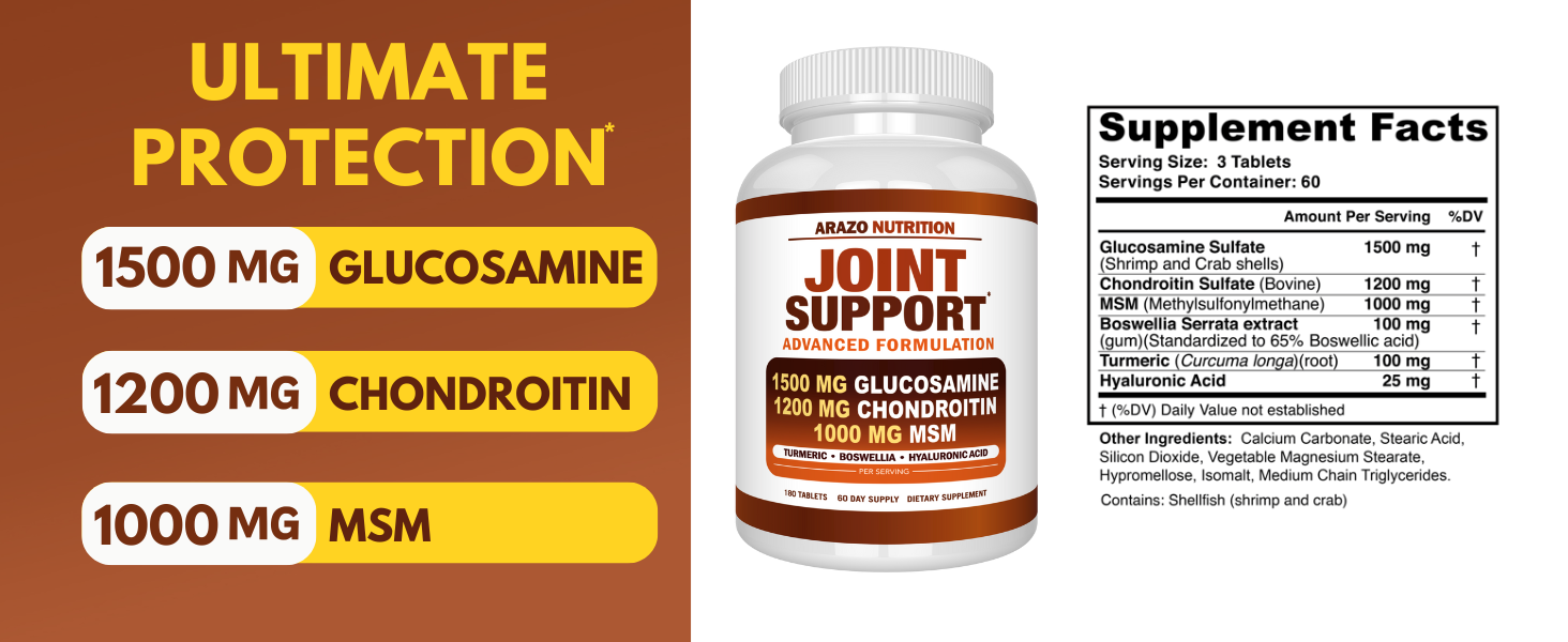 Arazo Nutrition Glucosamine Chondroitin Turmeric Msm Boswellia - Joint Support Supplement for Relief 180 Tablets for Bones, Back, Knees, Hands (180 Tablets) Joint 3