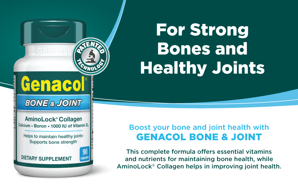 Genacol Bone & Joint – Calcium, Vitamin D3, Boron & Ultra-Hydrolyzed Collagen, Health Supplement, Supports Bone Strength, 90 Capsules (30-Day Supply) Genacol Bone & Joint: For strong bones and healthy joints. Vitamins and AminoLock Collagen.