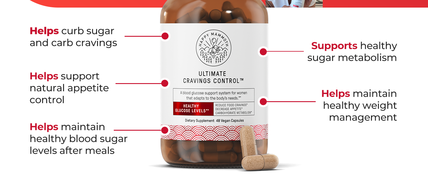 Happy Mammoth Ultimate Cravings Control – Sugar & Carb Cravings Support, Chromium, Natural Appetite Management & Metabolism Supplement for Adults, Non-GMO, No Gluten, Dairy, Soy or Sugar, 48 Capsules UCC