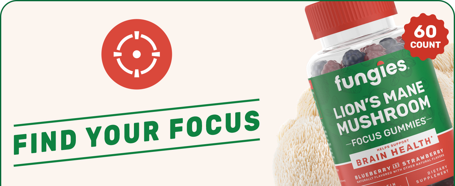 Fungies Lion's Mane Mushroom Gummies, Mixed Blueberry & Strawberry Flavor - Mushroom Supplement Gummy for Adults & Children Supports Brain Health, Cognitive Function, Focus, Memory & Mood, 60 Servings nootropics theanine nature calming elixir relax wellness stress nutraceuticals gingko performance