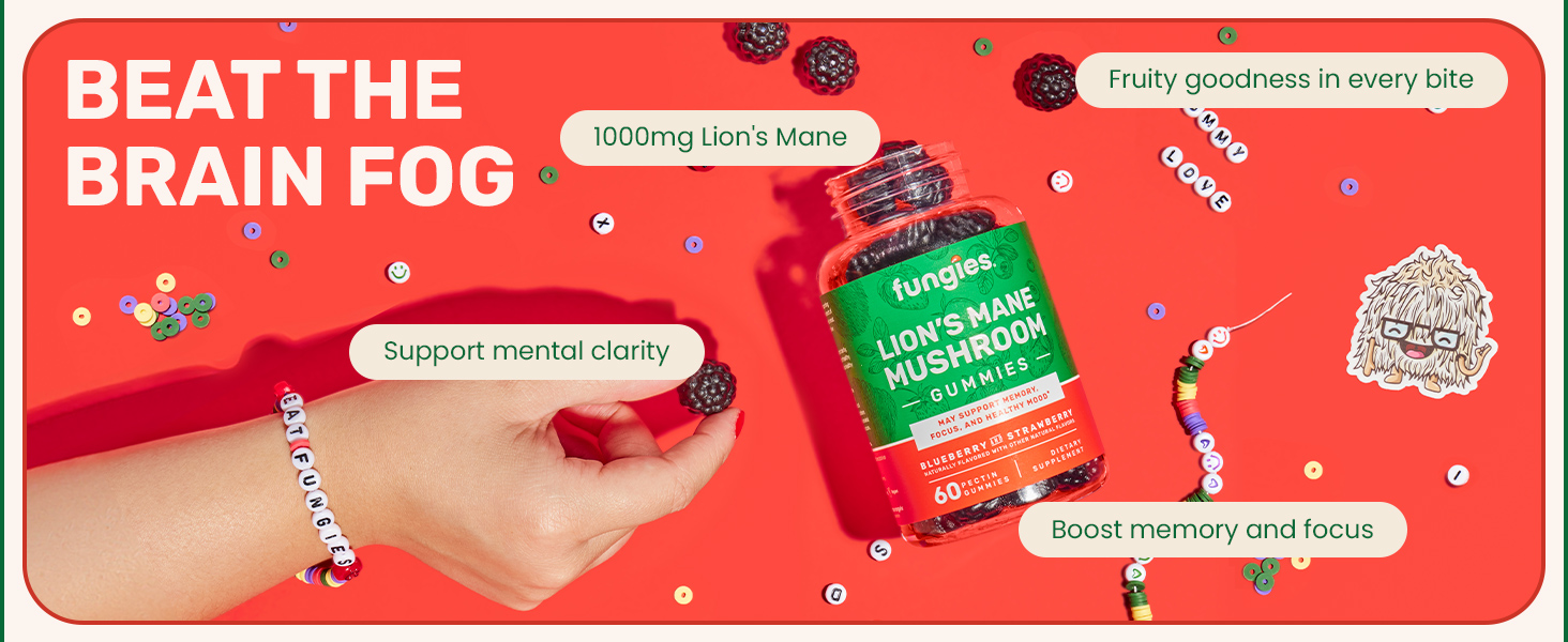 Fungies Lion's Mane Mushroom Gummies, Mixed Blueberry & Strawberry Flavor - Mushroom Supplement Gummy for Adults & Children Supports Brain Health, Cognitive Function, Focus, Memory & Mood, 60 Servings