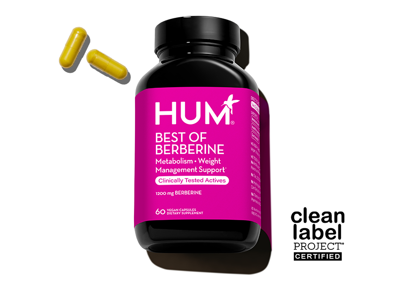 HUM Best of Berberine Supplement 1200mg, Pure Potency for Metabolic Wellness, Gut Health, Pure Berberine Supplements Enhanced with BioPerine for Maximum Absorption, 60 Capsules HUM Best of Berberine supplement bottle with capsules on white background