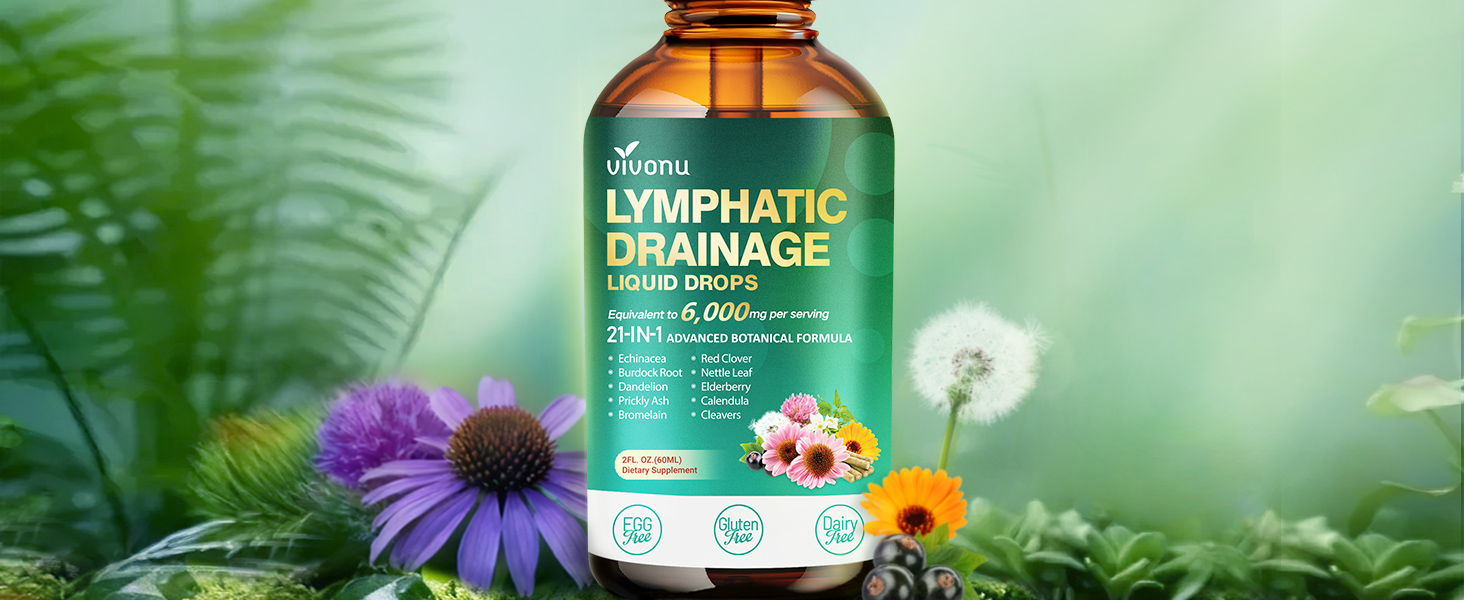21-in-1 Lymphatic Drainage Drops for Liposomal, 6000mg Immune & Lymph System Support Supplement for Women & Men with Echinacea, Dandelion, Burdock, Bromelain, Calendula, Turmeric & More, 2 FL OZ lymphatic drainage drops lymphatic drainage supplements lymph system support lymphatic drainage