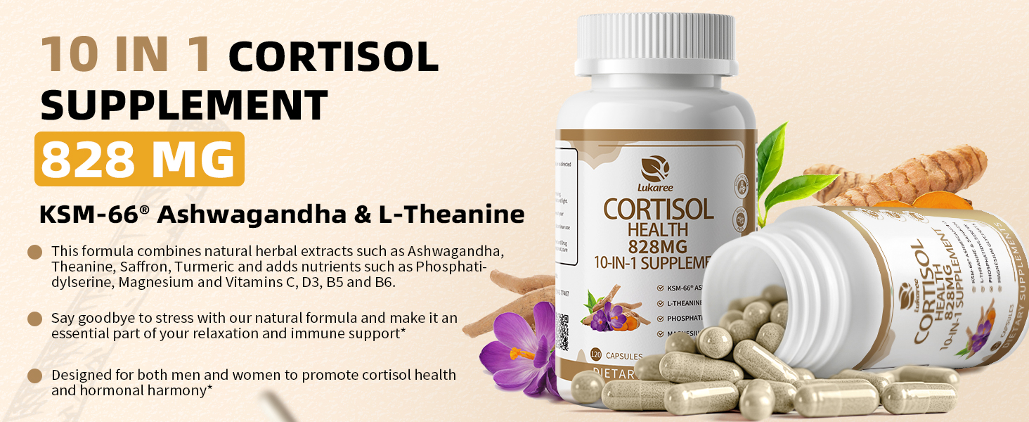 10-IN-1 Cortisol Supplements w/ KSM-66® Ashwagandha 300mg + L-Theanine 250mg, Magnesium Glycinate, Saffron, Phosphatidylserine, Turmeric & Vitamin C D3 B6 B5, For Women Men, 120 Capsules 60-Day Supply 1
