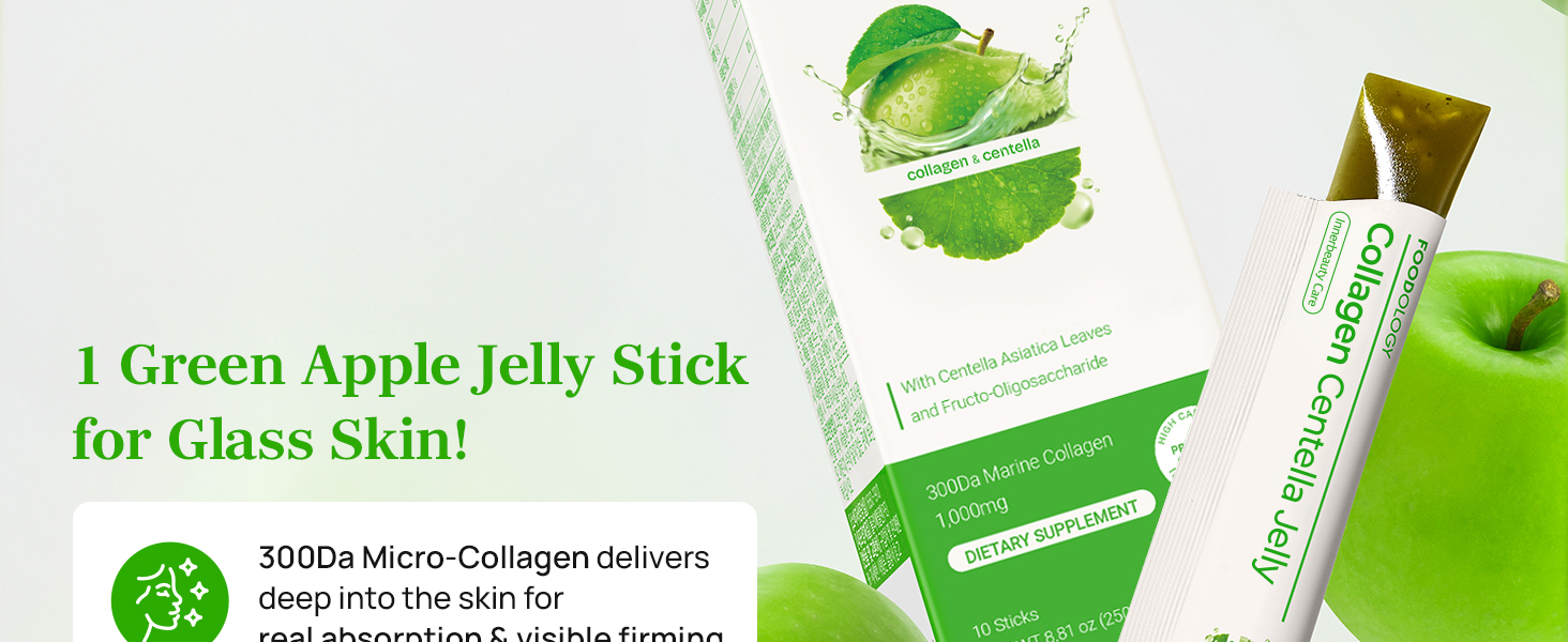 FOODOLOGY Collagen Centella Jelly (Green Apple) – Collagen Peptide with PDRN – Biotin, Vitamin A & E for Skin Glow, Hair & Nails – Korean Beauty Supplement – 10 Sticks Collagen Centella Jelly