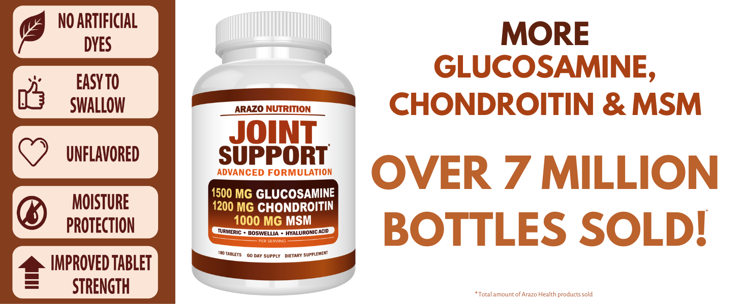 Arazo Nutrition Glucosamine Chondroitin Turmeric Msm Boswellia - Joint Support Supplement for Relief 180 Tablets for Bones, Back, Knees, Hands (180 Tablets) Joint 5