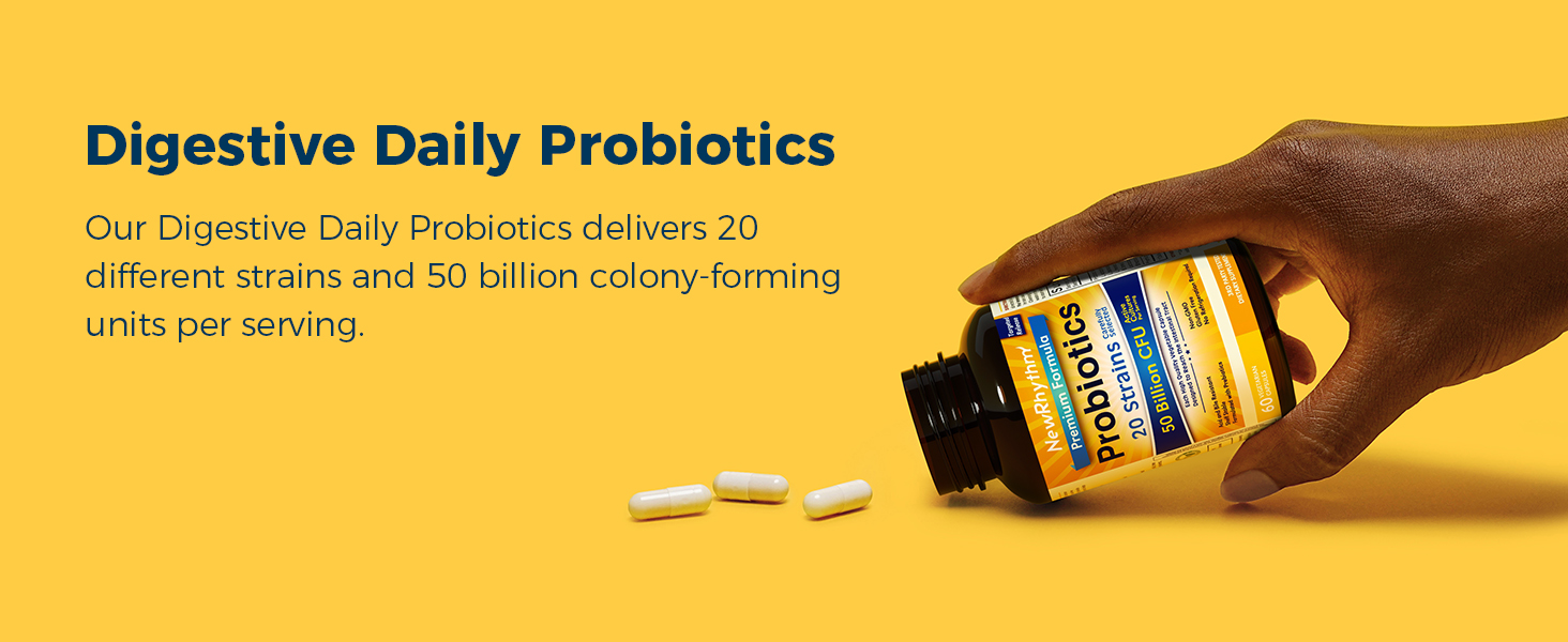 NewRhythm Probiotics 50 Billion CFU 20 Strains, 60 Veggie Capsules, Targeted Release Technology, Stomach Acid Resistant, No Need for Refrigeration, Non-GMO, Gluten Free NewRhythm Probiotic delivers 20 different strains, 50 billion CFU probiotics