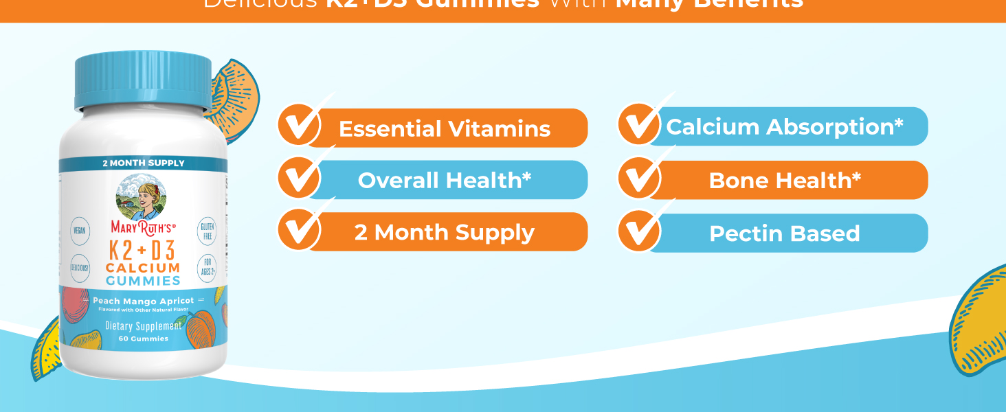 MARYRUTH'S Organics Calcium with Vitamin D & Vitamin K2, 2 Month Supply, Calcium Supplement Supports Bone Health & Joint Support, with Vitamins D3 K2 Gummies, Vegan, Non-GMO, Gluten Free, 60 Count K2 + D3 Calcium Gummies