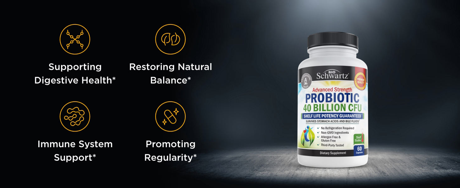 BioSchwartz Daily Probiotic Nutritional Supplement - 40 Billion CFU for Gut Health - Probiotics for Men and Women - Digestive Health with Astragalus & Lactobacillus - Shelf Stable - 60 Count probiotics for women and men