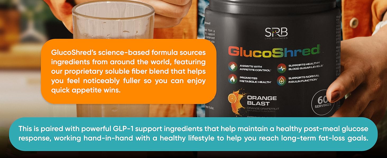 GlucoShred-Advanced GLP-1 Drink Mix - Not Just Another Supplement. A Full METABOLIC Reset for Blood Sugar, Metabolism and Appetite | Berberine Cinnamon ALA Chromium | Tangy Orange | 30 Day Supply GlucoShred’s science-based formula sources ingredients from around the world