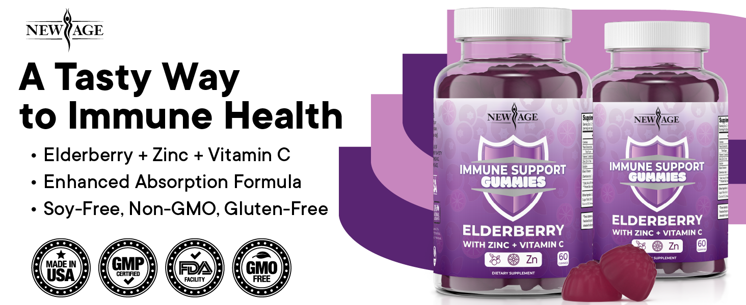 NEW AGE Immune System Support Gummies - Sambucus Black Elderberry Gummies with Vitamin C and Zinc (120 Count (Pack of 2)) immune support gummies elderberry zinc vitamin c health family antioxidants