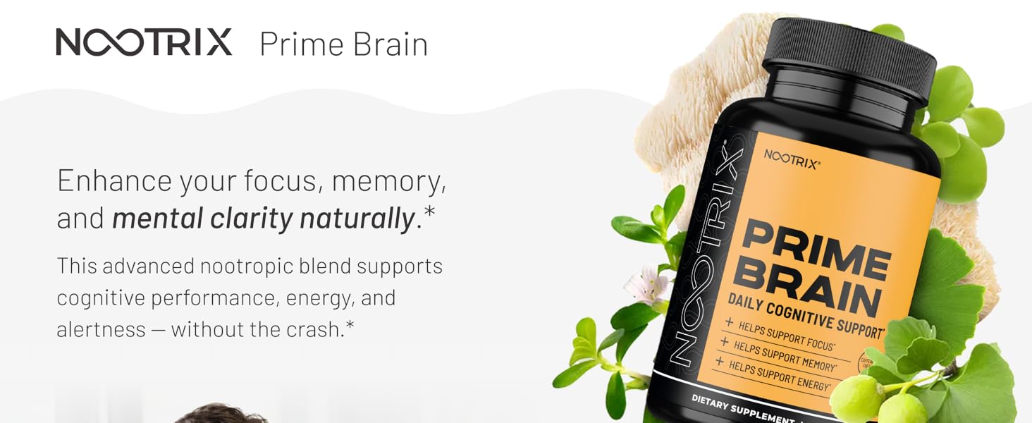 Nootrix Prime Brain Nootropic Supplement | Supports Memory, Mental Focus, Cognitive Health & Energy | Promotes Healthy Mood & Brain Function | Ginkgo Biloba, Lion's Mane & L Theanine | 60 Capsules 1