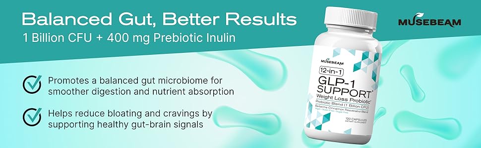 Probiotic Weight Loss Support Supplement - Natural GLP1 Support Appetite Suppressant Metabolism Booster with Berberine for Women Men - GLP1 Support Helps Control Hunger Cravings & Fat Burn Balanced Gut Health - 1 Billion CFU Probiotics + 400mg Prebiotic Inulin for Digestion