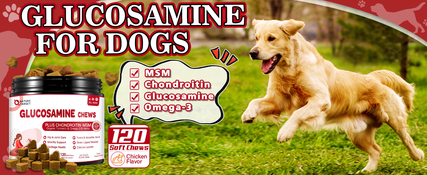 NATURE TARGET Glucosamine for Dogs, Joint Supplement with Chondroitin, MSM, Omega-3, Hemp for Pain Relief, Hip & Joint Chews for Dogs with Calcium for Bone Health, 120 Soft Chews glucosamine for dogs