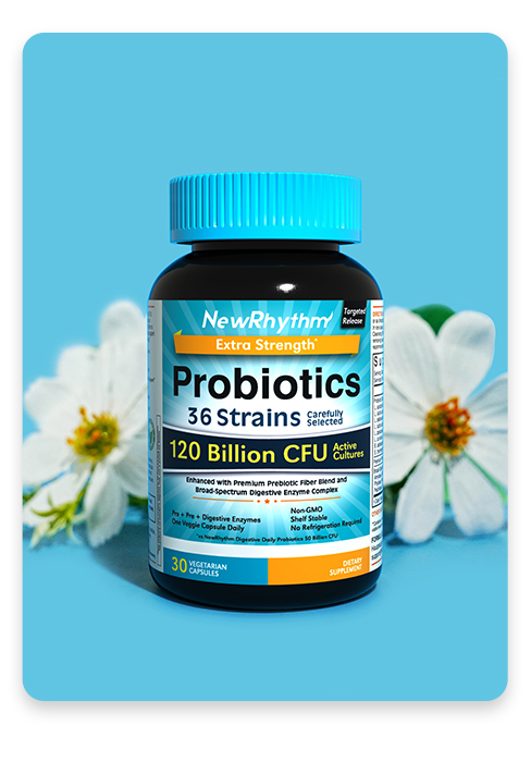 NewRhythm Probiotics 50 Billion CFU 20 Strains, 60 Veggie Capsules, Targeted Release Technology, Stomach Acid Resistant, No Need for Refrigeration, Non-GMO, Gluten Free Extra Strength Probiotics