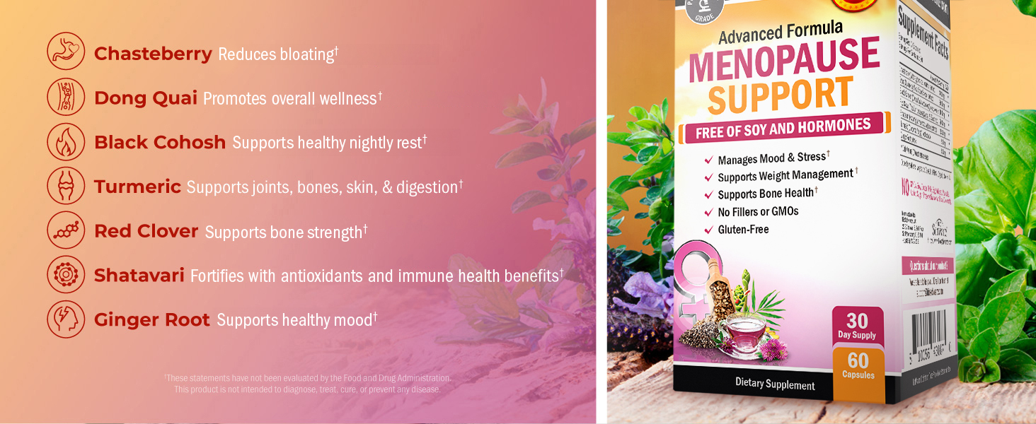 Herbal Menopause Support for Women - Supports Healthy Mood and Balance with Milk Thistle Chasteberry Black Cohosh Red Clover Turmeric Ginger - Menopause Supplements for Women - 60 Veggie Capsules menopause support supplements for women