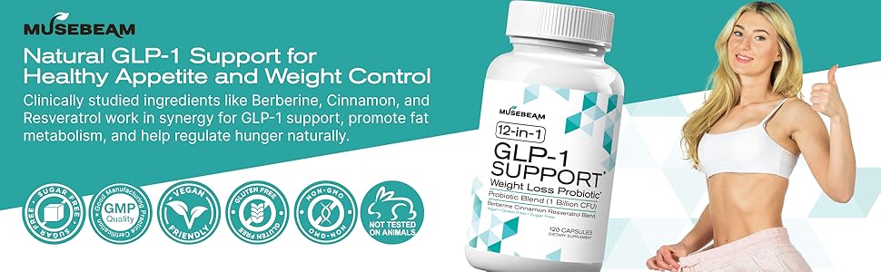 Probiotic Weight Loss Support Supplement - Natural GLP1 Support Appetite Suppressant Metabolism Booster with Berberine for Women Men - GLP1 Support Helps Control Hunger Cravings & Fat Burn Musebeam GLP-1 Weight Loss Supplement with Berberine, Cinnamon, Resveratrol - 120 Capsules