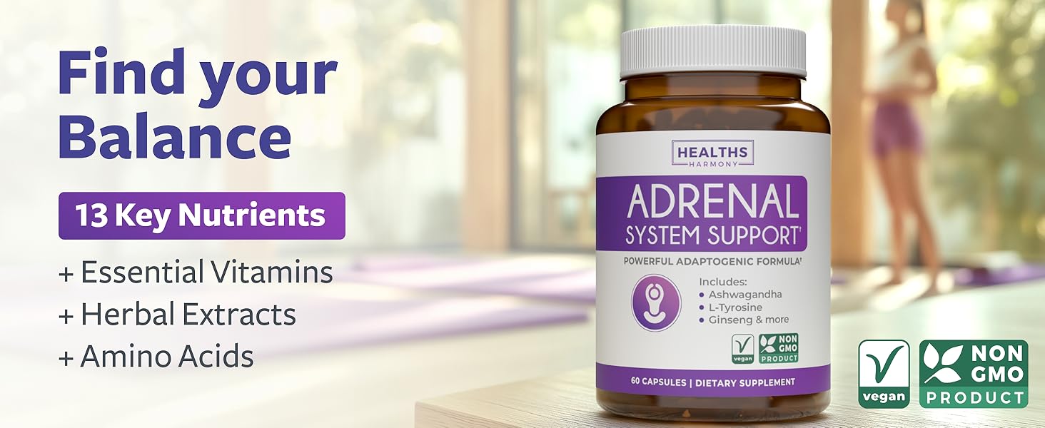 Adrenal System Support & Cortisol Manager (2 Month Supply) Powerful Ashwagandha & L-Tyrosine Fatigue Supplement - Maintain Balanced Cortisol Levels, Health, & Stress Relief - Non-GMO - 60 Capsules Adrenal system support for women and men
