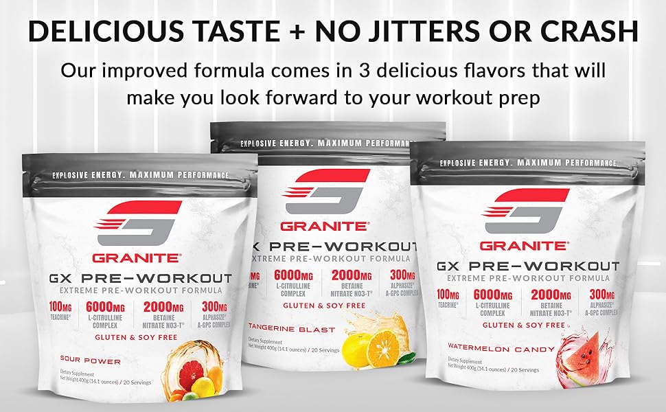 Granite GX Pre Workout Supplement, Tangerine Blast Flavor, Supports Focus, Energy, & Performance with Teacrine, L-Citrulline, Betaine, & A-GPC (20 Servings) Granite GX Pre Workout Support for power, energy, mental performance, incredible pump