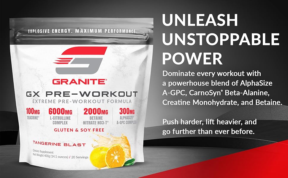 Granite GX Pre Workout Supplement, Tangerine Blast Flavor, Supports Focus, Energy, & Performance with Teacrine, L-Citrulline, Betaine, & A-GPC (20 Servings) Granite GX Pre Workout Support for power, energy, mental performance, incredible pump