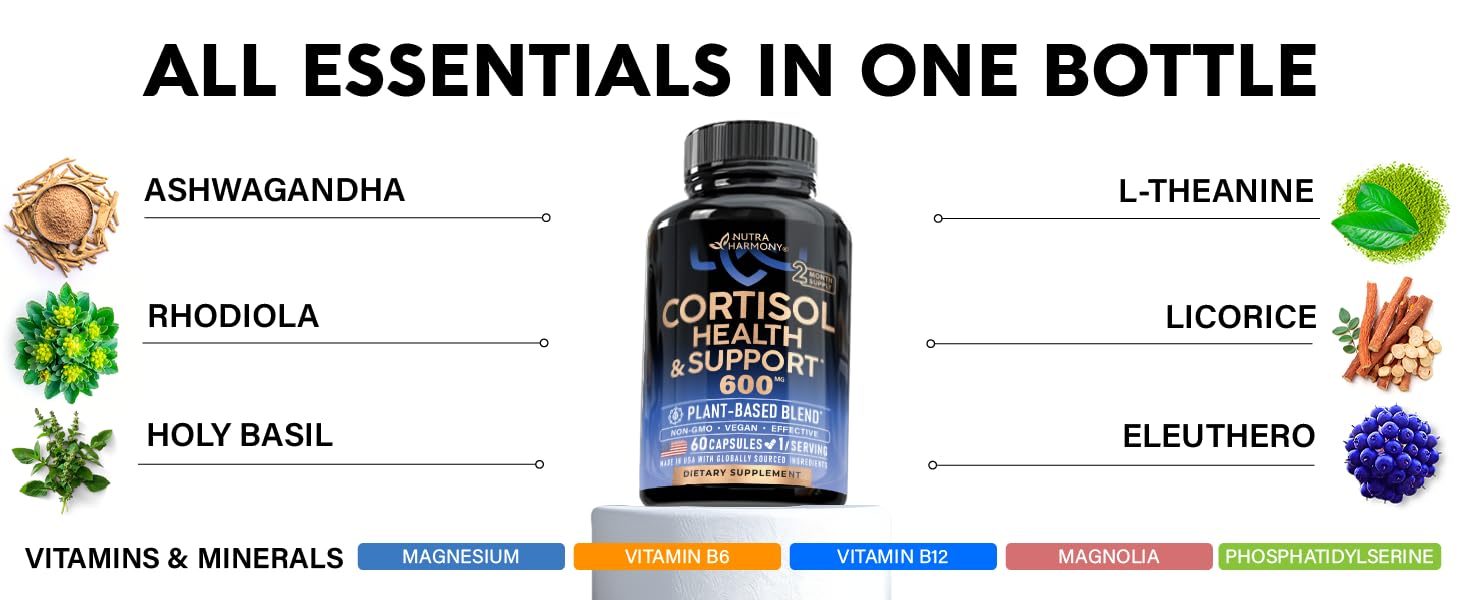 Cortisol Supplement for Women - Holy Basil | Ashwagandha | Rhodiola | L-Theanine - Plant-Based Hormone Balance - Mood, Focus & Sleep Support - Made in USA - Vegan, Non-GMO - 60 Capsules for 2 Months ebc