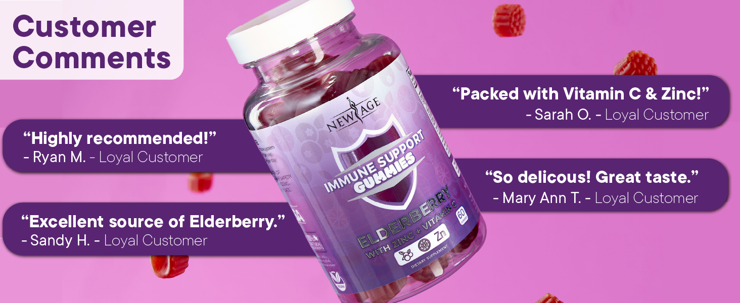 NEW AGE Immune System Support Gummies - Sambucus Black Elderberry Gummies with Vitamin C and Zinc (120 Count (Pack of 2)) immune support gummies elderberry zinc vitamin c health family antioxidants