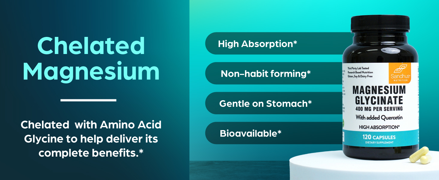 Magnesium Glycinate 400mg High Absorption Capsules with Quercetin | Quality Sleep, Relaxation & Muscle Health Supplement for Women and Men | Chelated Magnesium 120 Count (Pack of 1) | Easy to Swallow magnesium glycinate