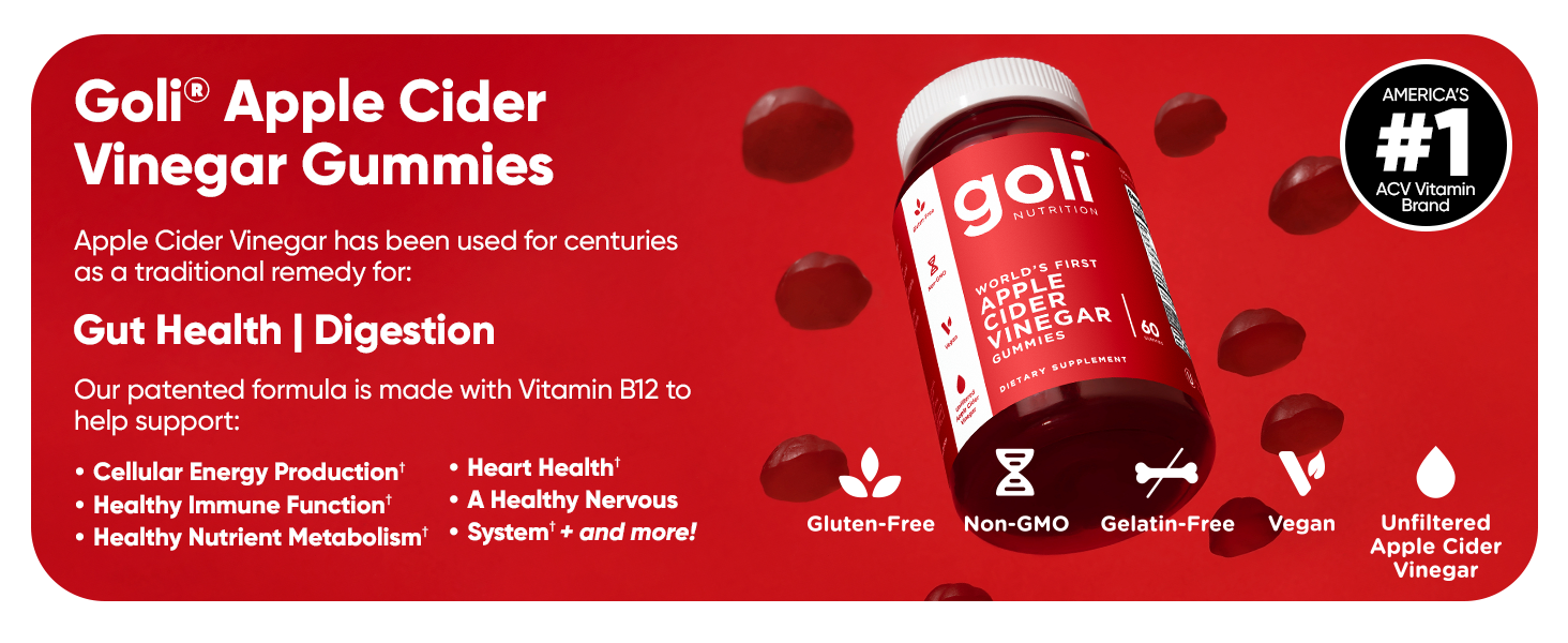 Goli Apple Cider Vinegar Gummies - Worlds First ACV Gummy with Vitamin B12, Beetroot & Pomegranate - Vegan, Non-GMO, Gluten-Free acv