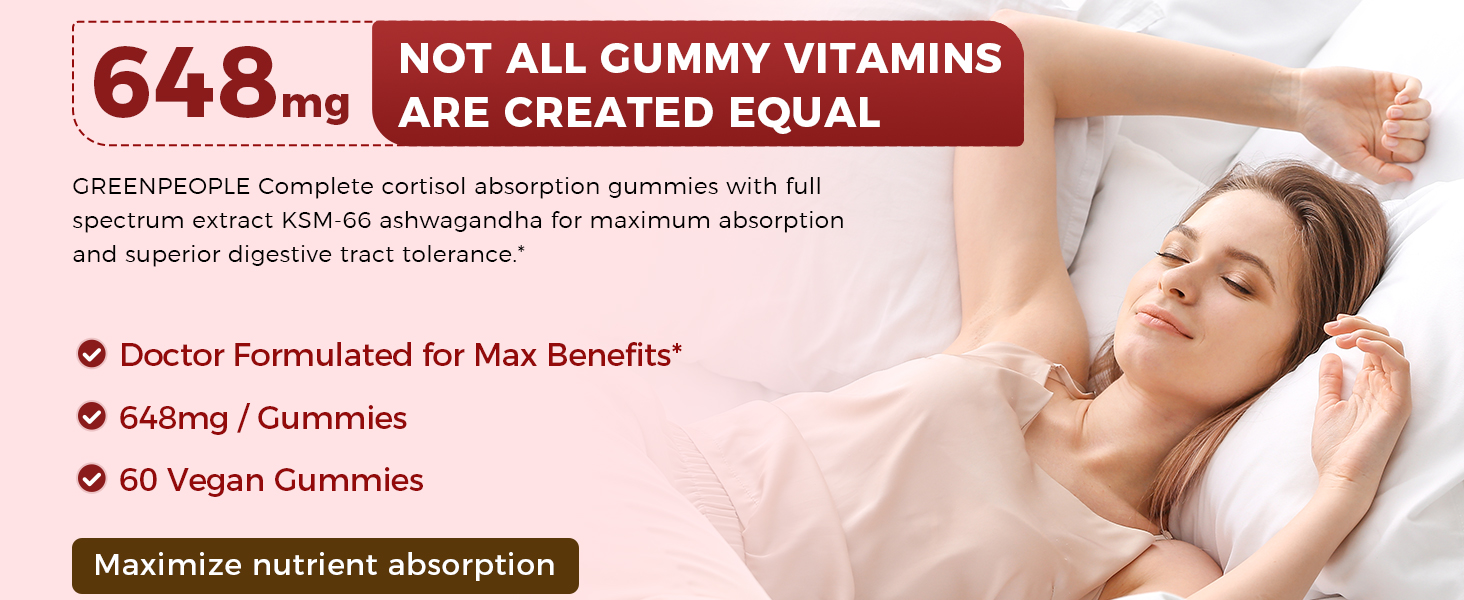 GREENPEOPLE Cortisol Supplements for Women & Men - Cortisol Reducer Detox Manager w/KSM-66 Ashwagandha/Magnesium/L-theanine/GABA/Vitamin B6 for Mood/Sleep/Stress Relief 60 CT Raspberry Flavor Gummies cortisol