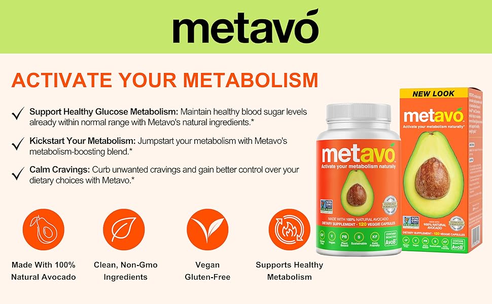 Metavo Advanced Metabolism Support - Metabolic Health Essential, Chelated Chromium Supplement with AvoB, Wellness & Energy Supplement that Promotes Balance, 120 Vegan Capsules metavo metabolism