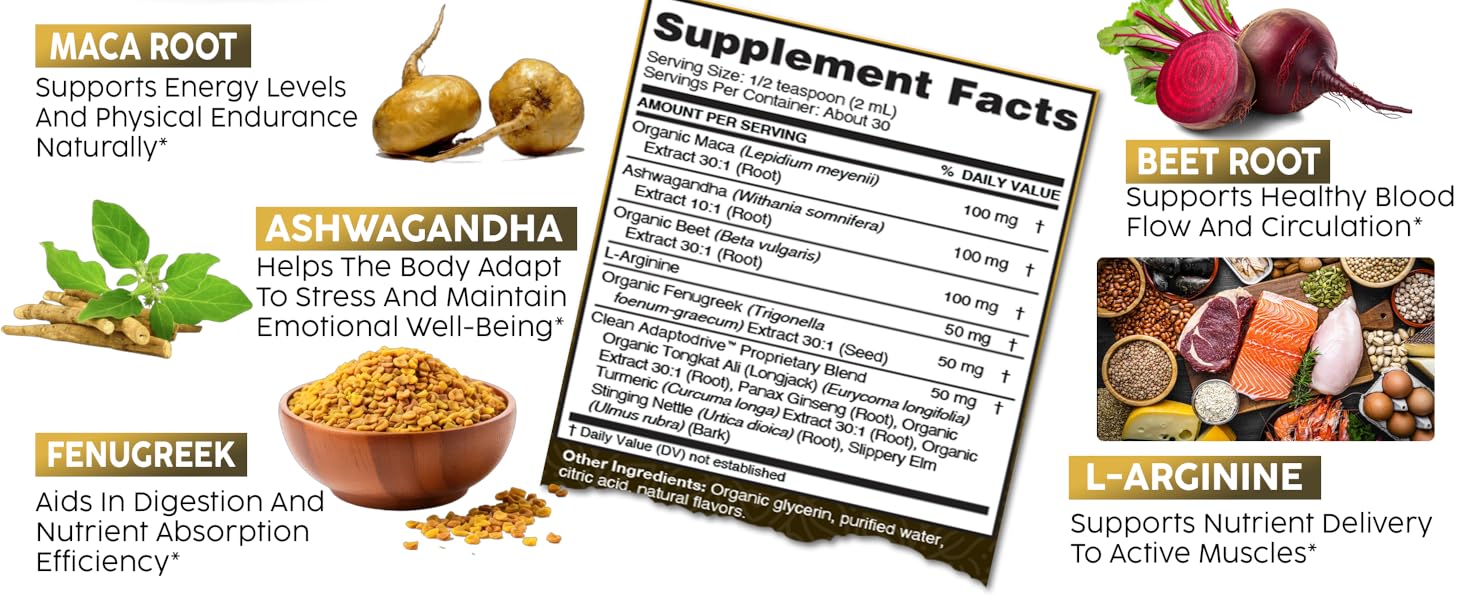 Clean Nutra Organic Maca Root Liquid Drops with Ashwagandha, Fenugreek, Beet Root and L-Arginine Liquid Multivitamin for Women and Men - Adapto Drive Adapto Drive Liquid Drops
