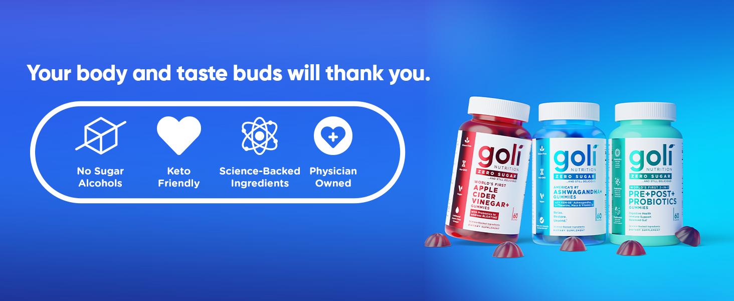 Goli Zero Sugar Trio - World's First 3-in-1 Pre, Post, Probiotic, Apple Cider Vinegar with Vitamin B12 and Probiotics, Ashwagandha & L-Theanine, Vitamin D Gummies, 90 Count (3-Bottle Set) goli zero sugar trio