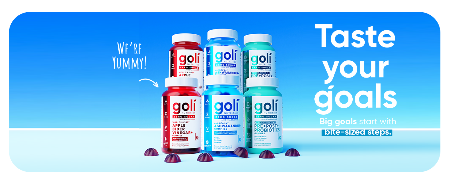 Goli Zero Sugar Trio - World's First 3-in-1 Pre, Post, Probiotic, Apple Cider Vinegar with Vitamin B12 and Probiotics, Ashwagandha & L-Theanine, Vitamin D Gummies, 90 Count (3-Bottle Set) goli zero sugar trio