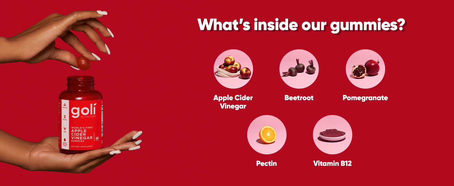 Goli Apple Cider Vinegar Gummies - Worlds First ACV Gummy with Vitamin B12, Beetroot & Pomegranate - Vegan, Non-GMO, Gluten-Free acv