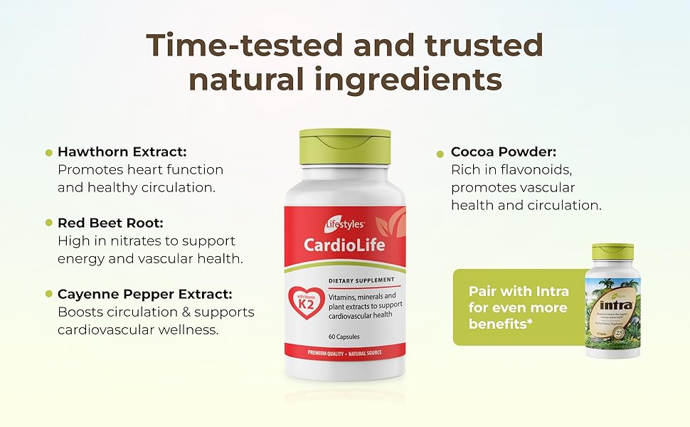 Intra Lifestyles CardioLife Supplement - Herbal Heart Health Support with Vitamin K2 (MK7), Folic Acid, Beetroot, Cayenne Extract & More – Made in Canada – 60 Capsules (1) cleaning cleanse cleanser vital improve legs feet cleaner unclog reducer lower miracle super reduce