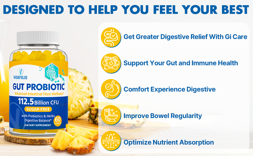 Gut Health & Probiotic Gummies, 112.5 Billion CFU, Sugar Free - 8 Strains + Prebiotics + Herbs - for Digestive, Immune, Diarrhea & Bloating - Gut Health for Women & Men, 60 Counts Probiotics Gummies gut health probiotic gummies gut health for women probiotics for women gummies
