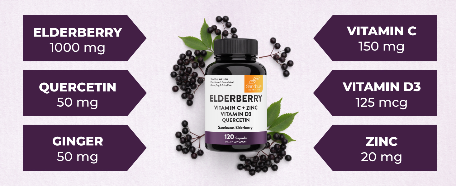 Elderberry Vitamin C and Zinc Capsules for Adults | 360 Count with Quercetin & Vitamin D3 | 6-in-1 Immune Support Supplement Pills | Sambucus Black Elderberry Natural Immunity Vitamins | Made in USA ingredients