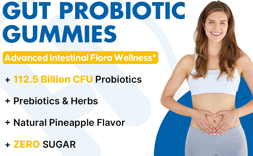 Gut Health & Probiotic Gummies, 112.5 Billion CFU, Sugar Free - 8 Strains + Prebiotics + Herbs - for Digestive, Immune, Diarrhea & Bloating - Gut Health for Women & Men, 60 Counts Probiotics Gummies gut health probiotic gummies gut health for women probiotics for women gummies