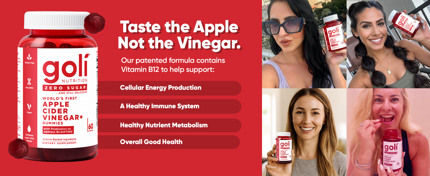 Goli Zero Sugar Apple Cider Vinegar Gummies - ACV with Vitamin B12 and Probiotics - No Sugar Alcohols - Vegan, Keto-Friendly, Gluten-Free Apple Cider Vinegar