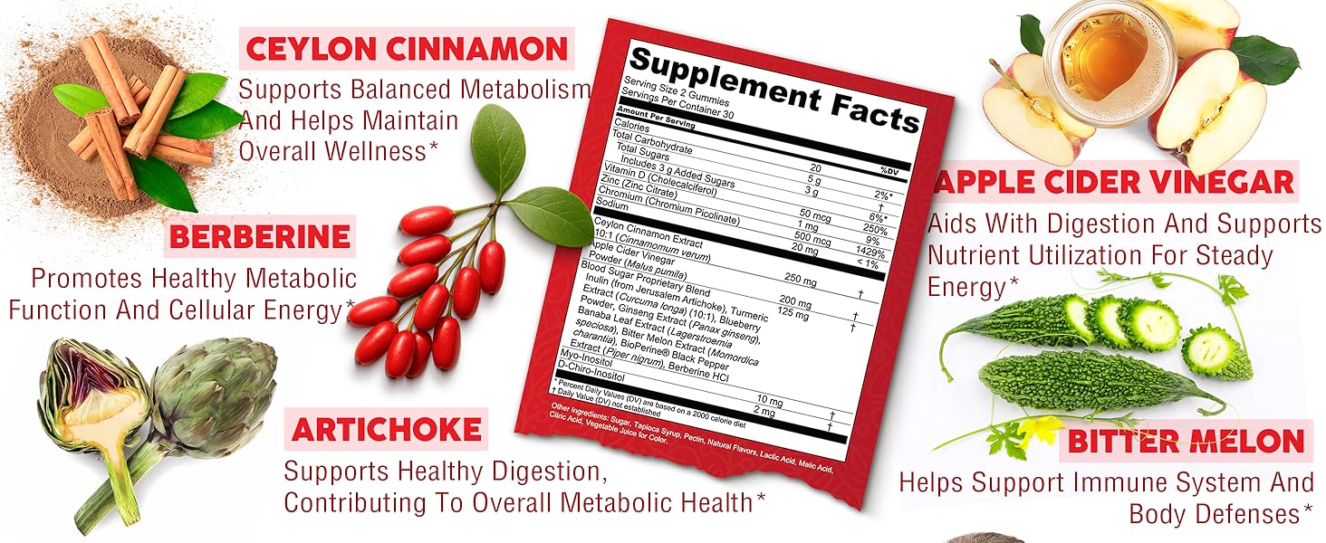 Sugar Savior Ceylon Cinnamon Berberine Gummies Apple Cider Vinegar Artichoke Turmeric Blueberry Ginseng Banaba Bitter Melon Black Pepper Vitamin D Zinc GLP1 Gummies 60 Count by Clean Nutra Sugar Savior Gummies
