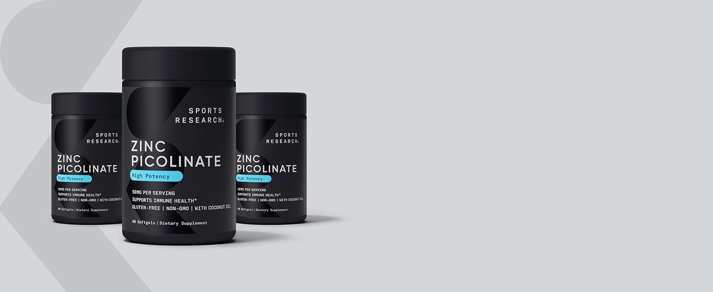 Sports Research Zinc Picolinate 50mg with Organic Coconut Oil | Highly Absorbable Zinc Supplement for Healthy Immune Function - Non-GMO Verified, Gluten & Soy Free (60 Liquid Softgels) sr zinc 50mg picolinate immune support supplements vitamins minerals sulfate immunity booster adults