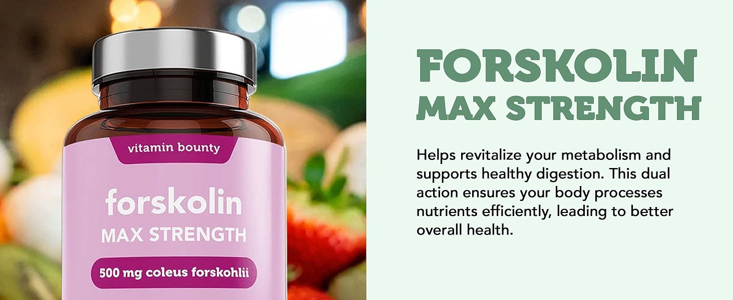 Vitamin Bounty Forskolin Maximum Strength for Weight Loss - Natural Coleus Forskohlii Root Extract Supplement - 20% Standardized Forskolin Powder - Weight Management Support - 60 Capsules PT04