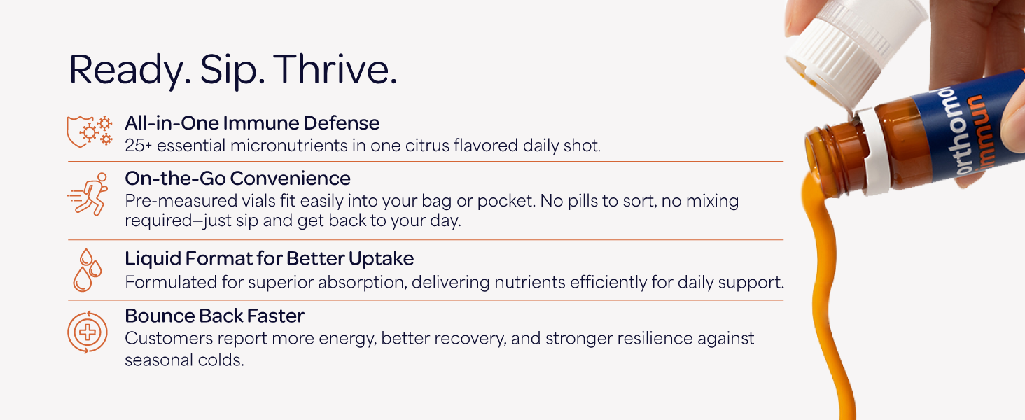 Orthomol Immun, Immune Support Vials for Adults with Vitamin C, Zinc, Selenium, Iodine, Vitamin D, E, A ,B, Calcium, 25+ Immune Boost Nutrients, 1 Serving Per Day for Daily Health (30 Day Supply) Orthomol Immun Liquid Vials Multivitamin Supplements
