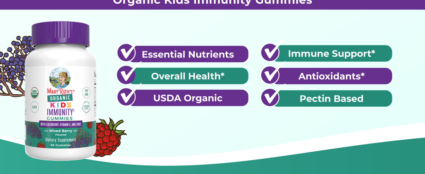 MaryRuth Organics Kids Immune Support Gummies | USDA Organic | Vitamin C, Zinc, and Elderberry Gummies for Kids| Immune Support for Ages 4+ | Vegan | Non-GMO | Gluten Free | 60 Count kids immunity gummies
